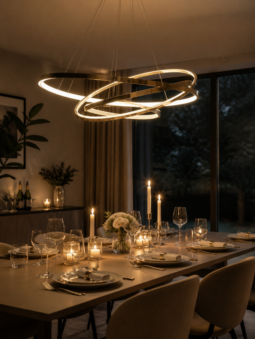 Modern LED chandelier above dining table