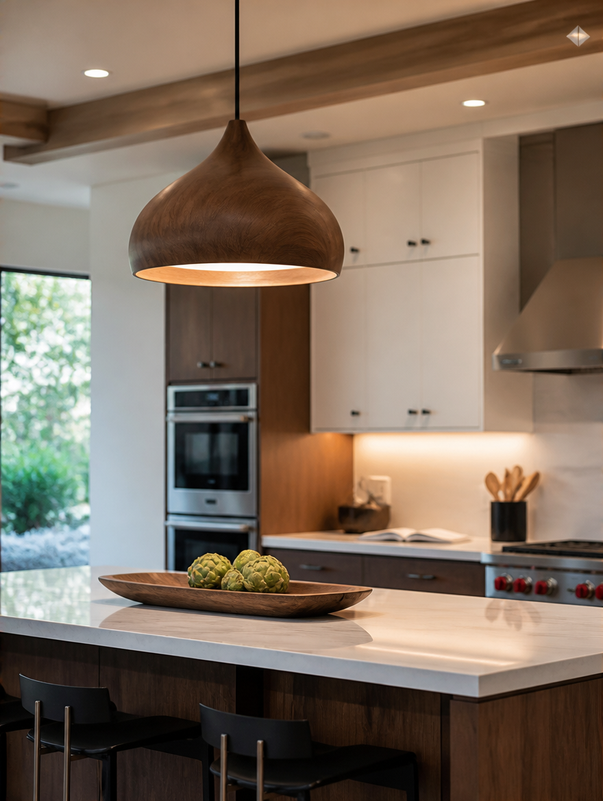 Walnut pendant lamp over kitchen island