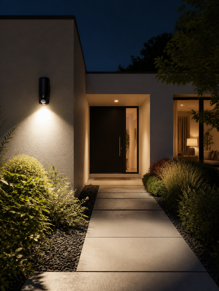 PIR motion sensor lamp illuminating home entrance pathway