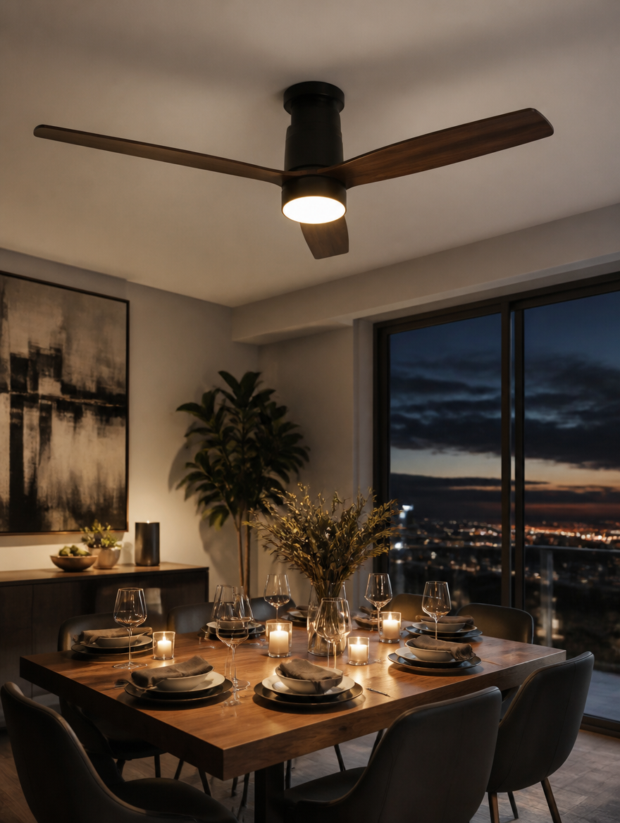 DC motor ceiling fan above contemporary dining table