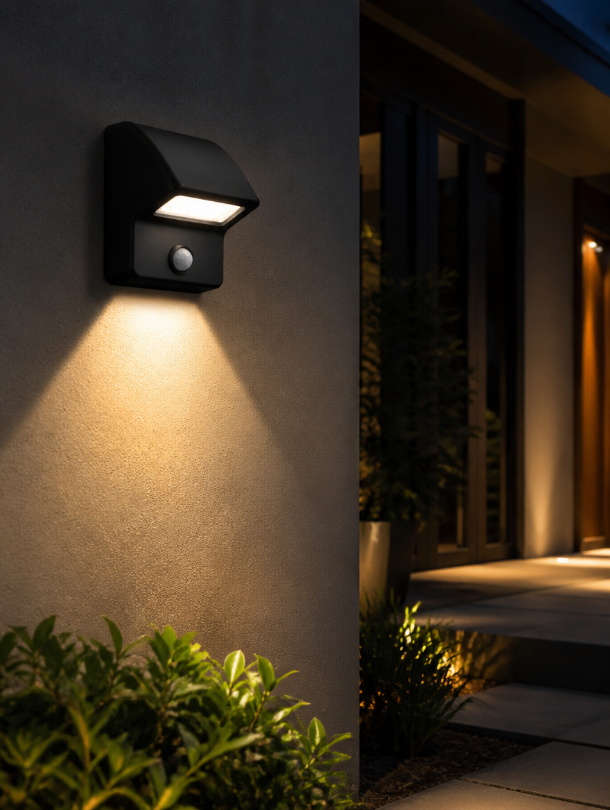 Black motion sensor wall lamp on house exterior at night