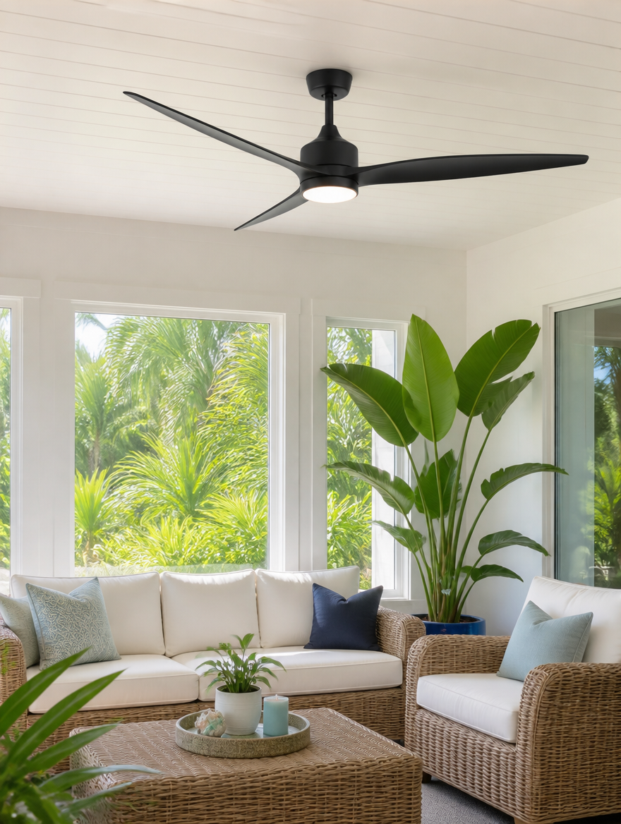 Minimalist ceiling fan with light in bright sunroom