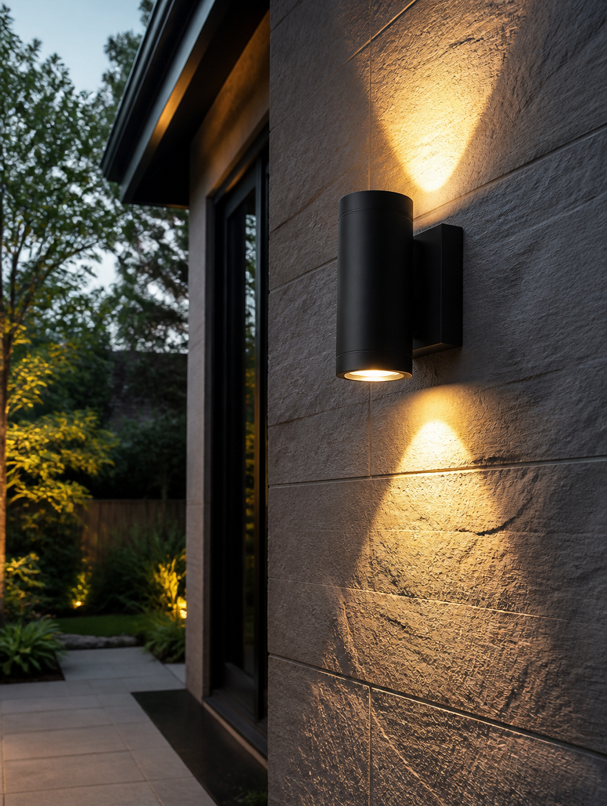 Black LED wall sconce on stone exterior at dusk