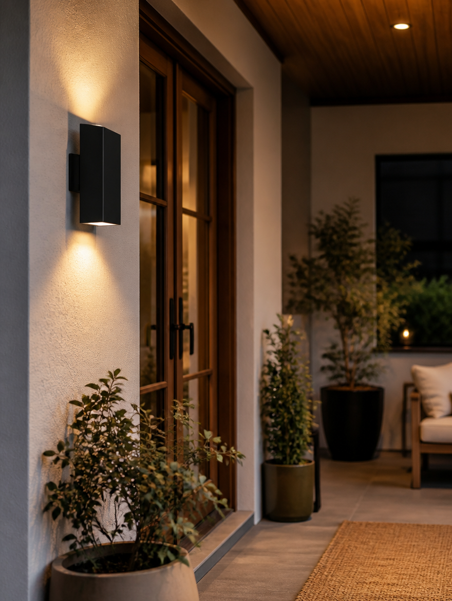 Outdoor wall sconce illuminating covered patio entrance
