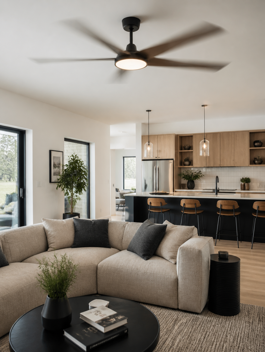 Ultra-thin ceiling fan with LED light in open living room