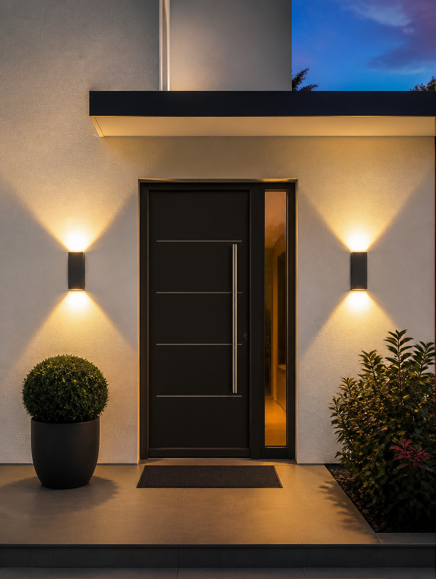 Matching LED wall lamps flanking modern front door