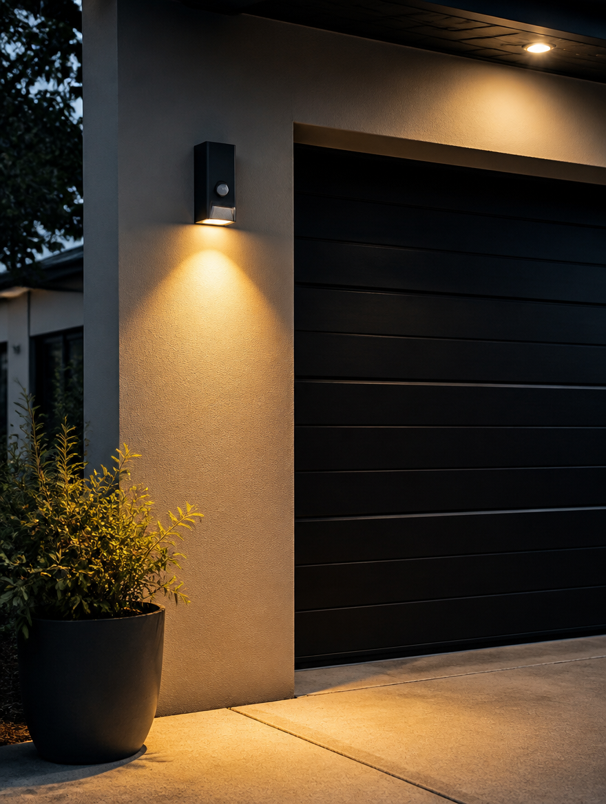 Motion sensor wall light beside modern garage door