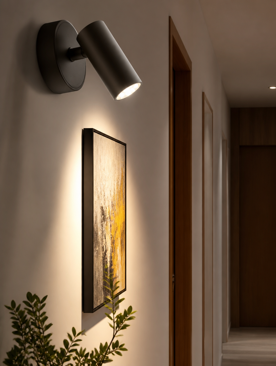 Adjustable wall light casting beam on hallway artwork