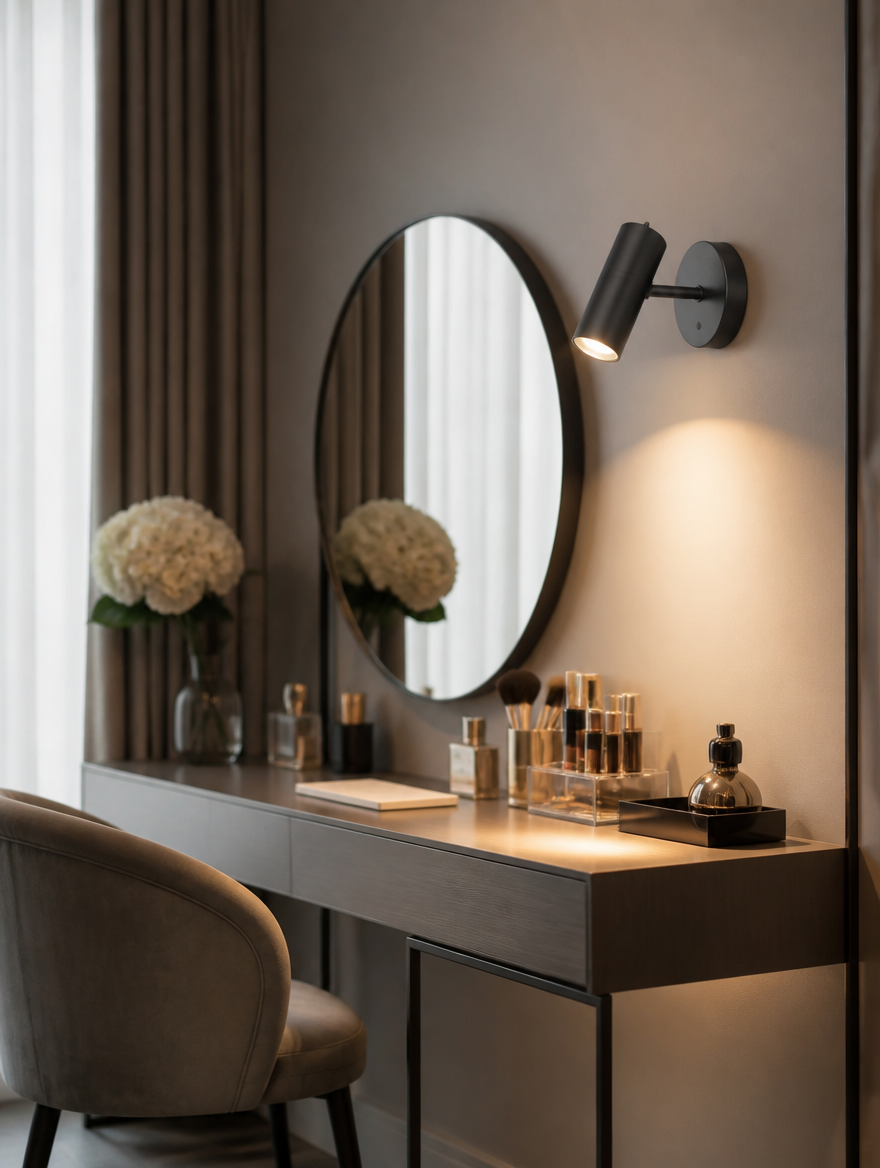 Rotatable wall sconce over modern vanity desk