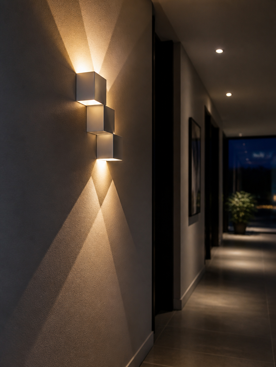 LED wall light casting artistic patterns in corridor