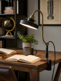 Vintage LED clamp lamp on wooden study desk