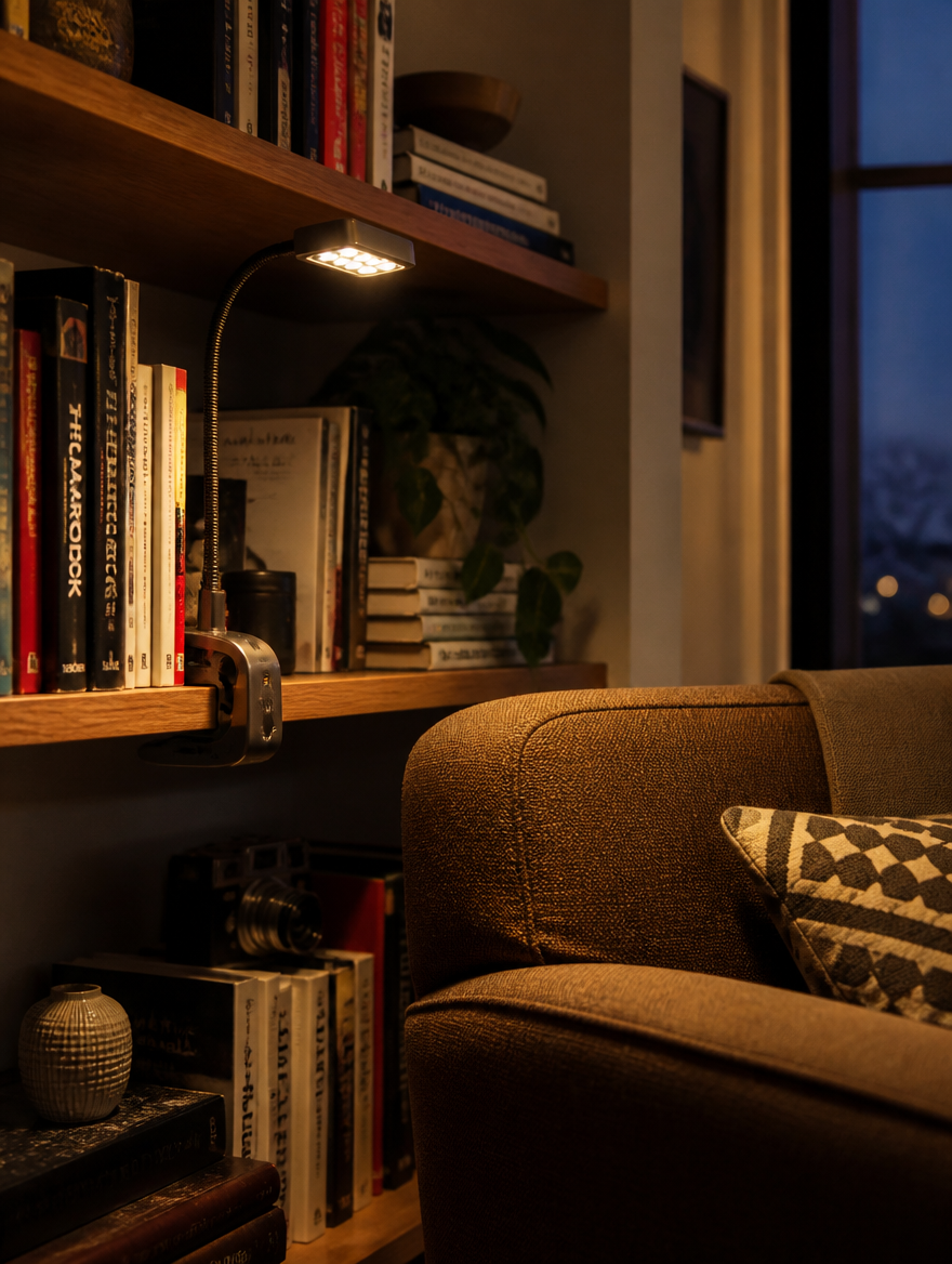 Retro LED clip-on reading lamp in bookshelf nook