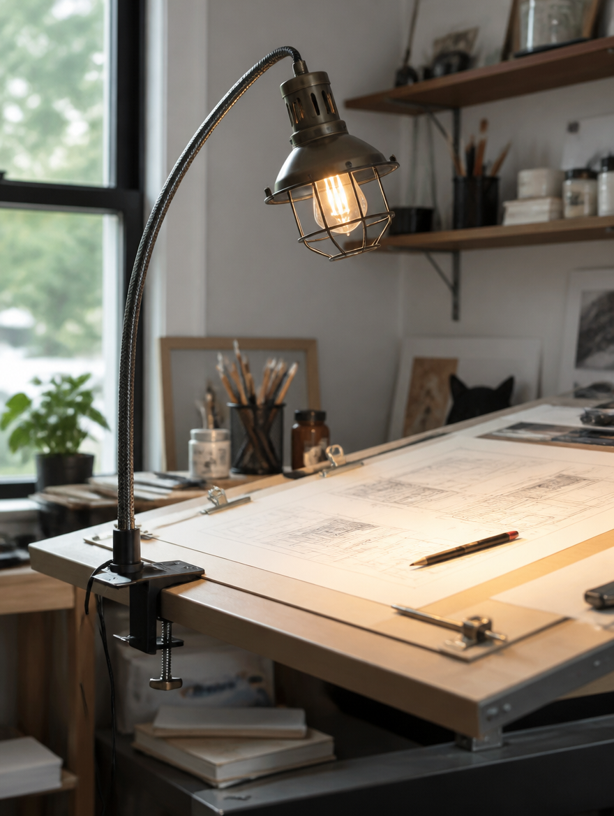 Portable vintage LED lamp in creative studio workspace