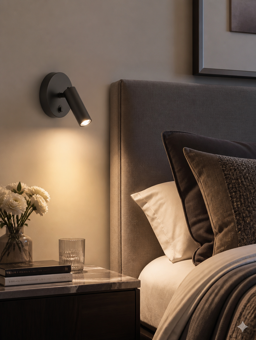 Rotatable LED wall sconce beside bed headboard