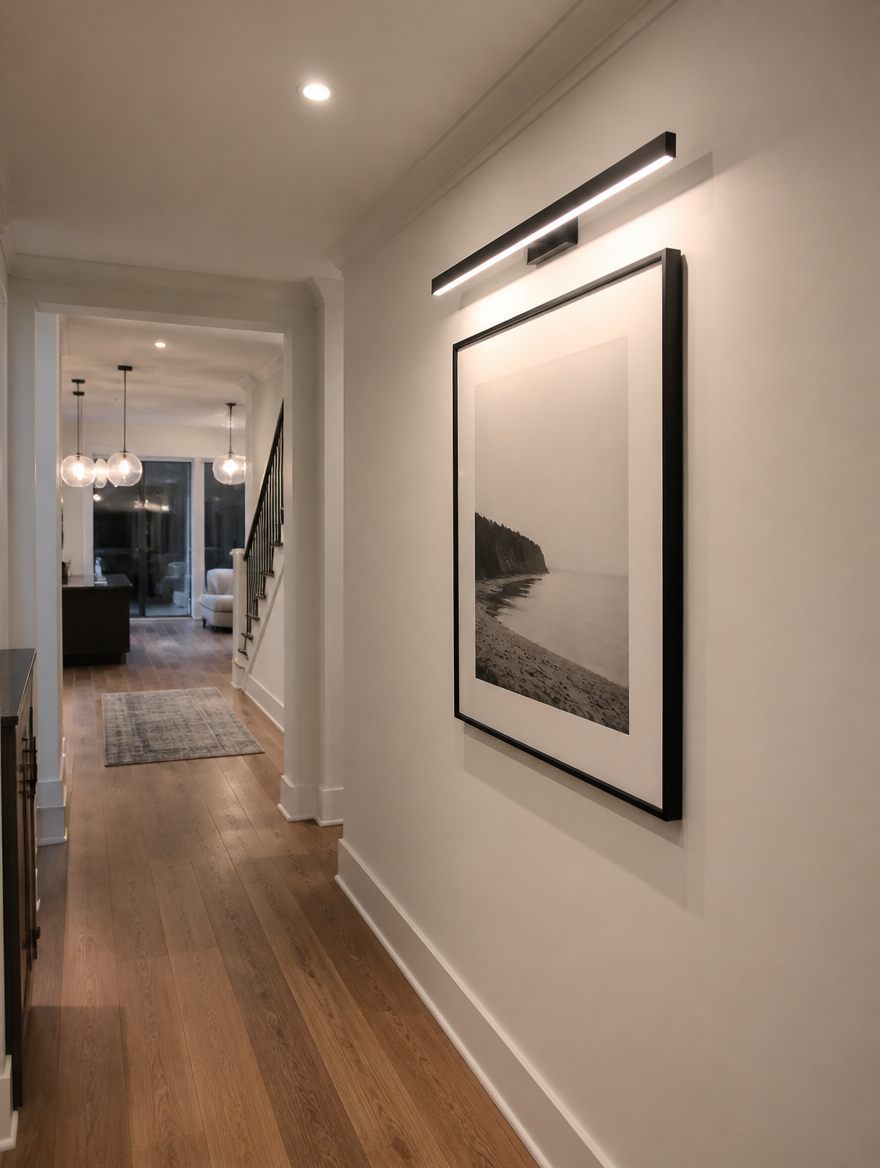 SlimGlow Linear LED Wall Sconce illuminating hallway artwork