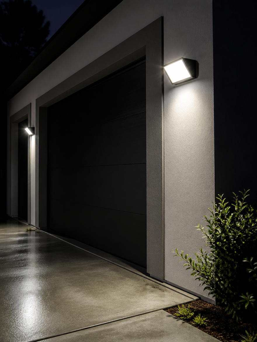 SentryBeam Motion Sensor LED Wall Light at modern garage entrance