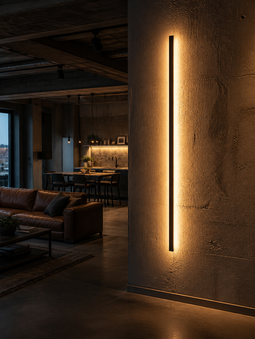 SlimGlow Linear LED Wall Sconce in modern loft living space