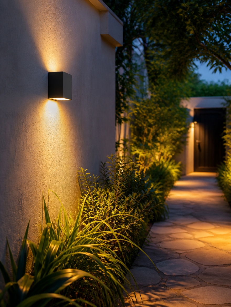 SentryBeam Motion Sensor LED Wall Light on garden wall at dusk