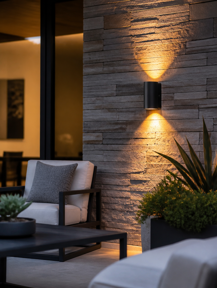 TerraGuard IP65 Outdoor Wall Lamp on stone patio wall at dusk