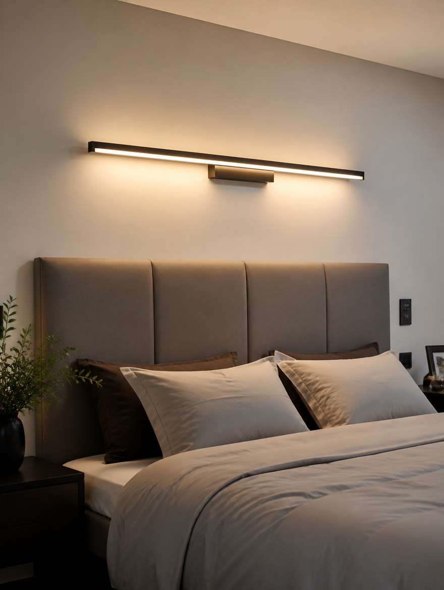 SlimGlow Linear LED Wall Sconce above headboard in modern bedroom