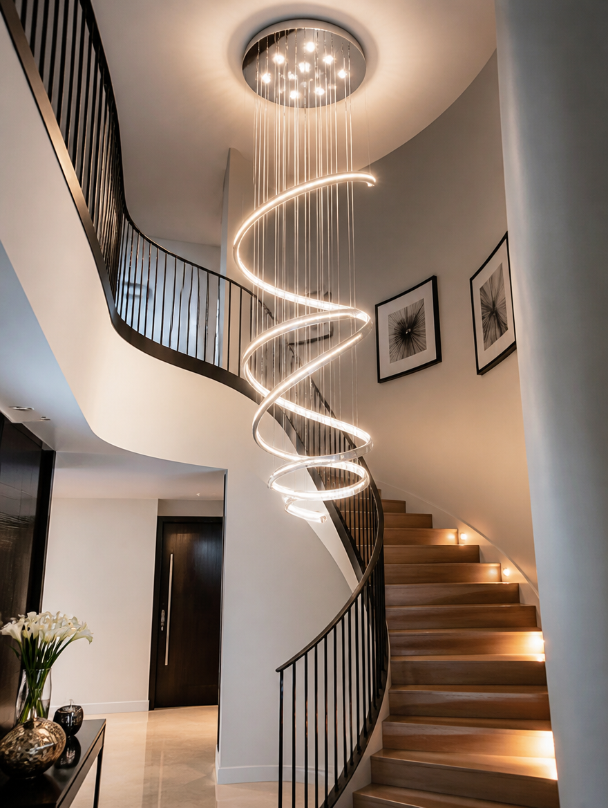 LumiSphere Sculptural LED Chandelier above curved staircase