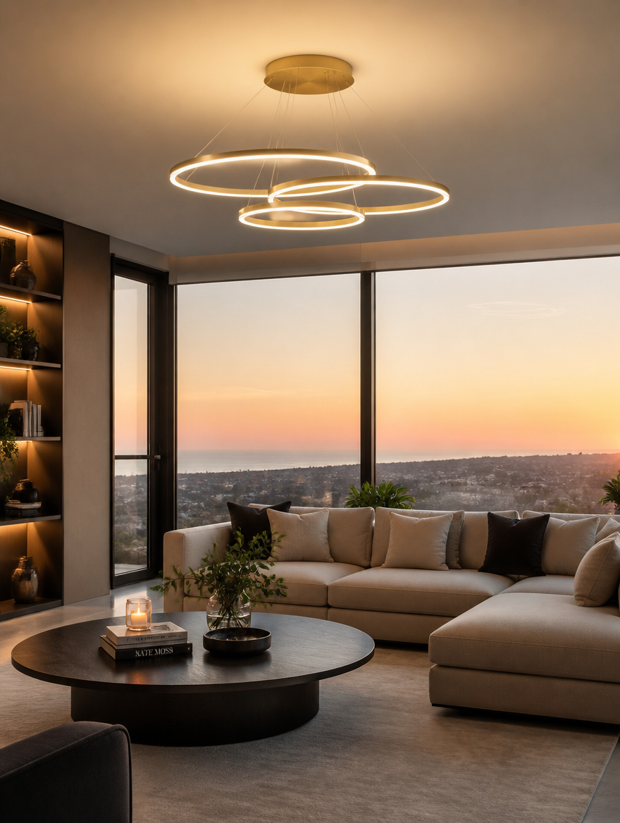 HaloRing Modern 3-Ring LED Chandelier in luxury living room
