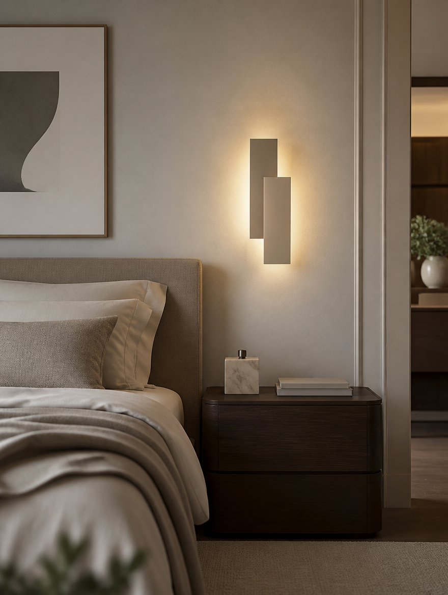 ConeGeo Italian Geometric Wall Sconce beside bed in master suite