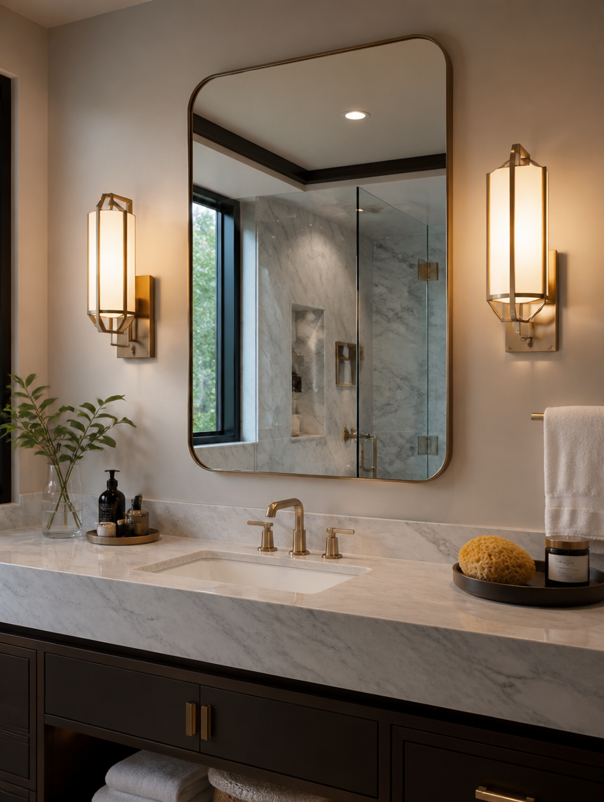 ConeGeo Italian Geometric Wall Sconce flanking bathroom mirror