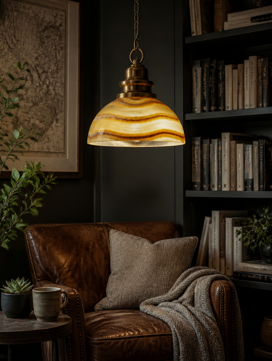 AgateGlow Vintage Pendant Light above reading nook