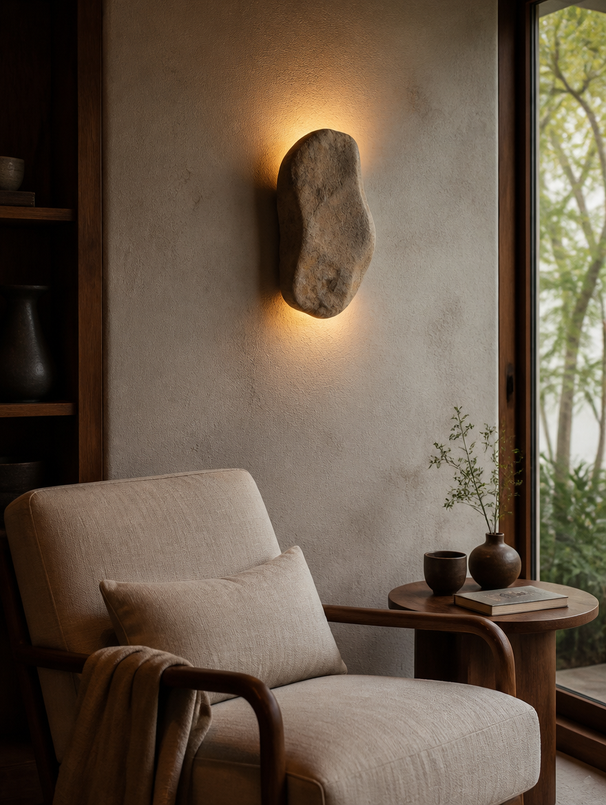 ZenStone Wabi-Sabi Wall Sconce in cozy reading corner