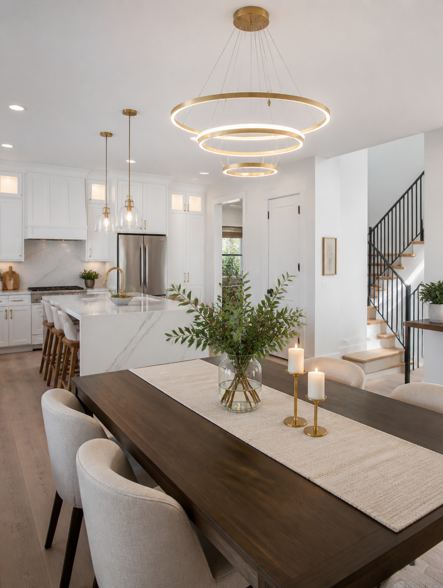 HaloRing Modern 3-Ring LED Chandelier in open kitchen