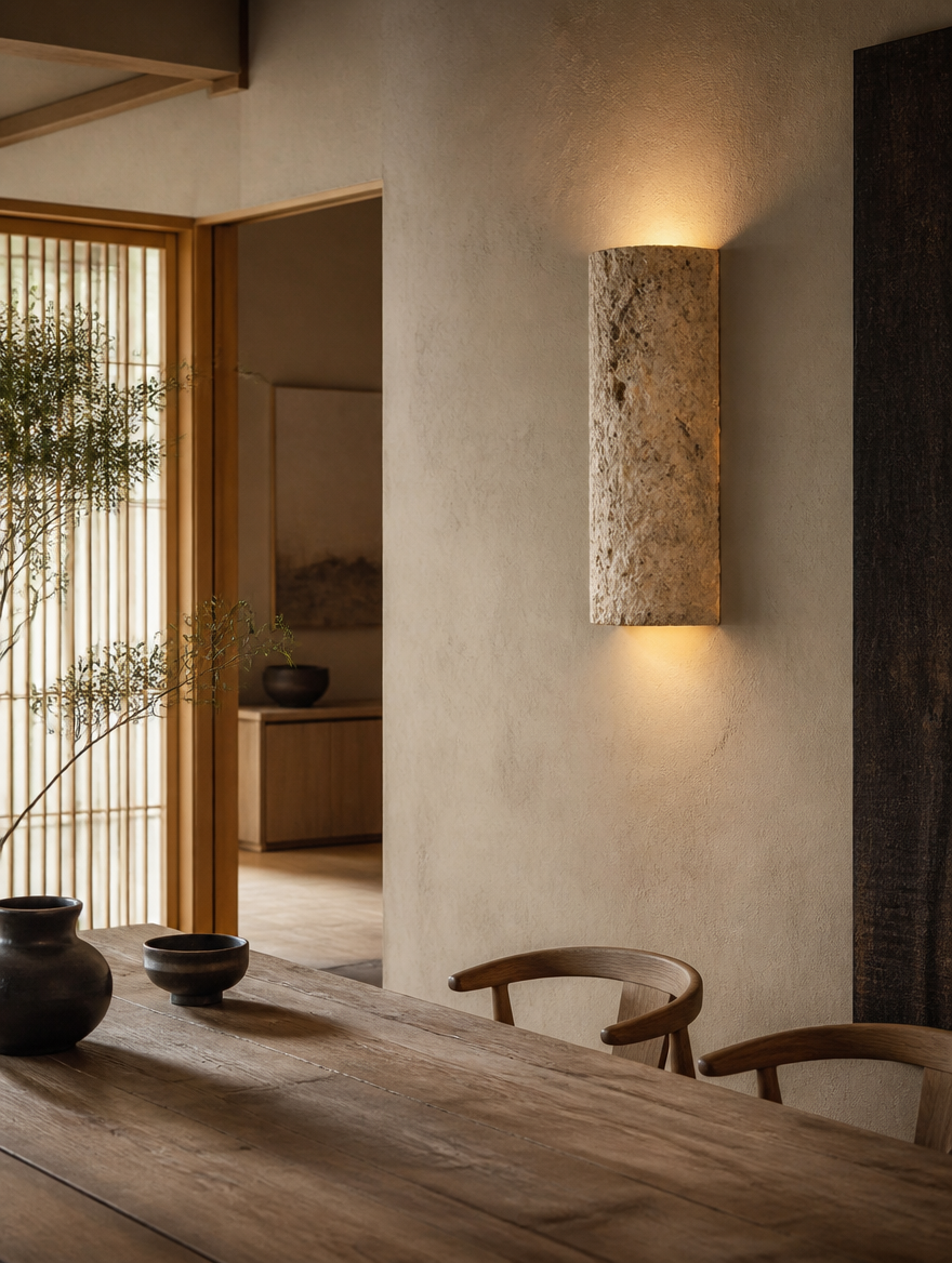 ZenStone Wabi-Sabi Wall Sconce in serene dining room