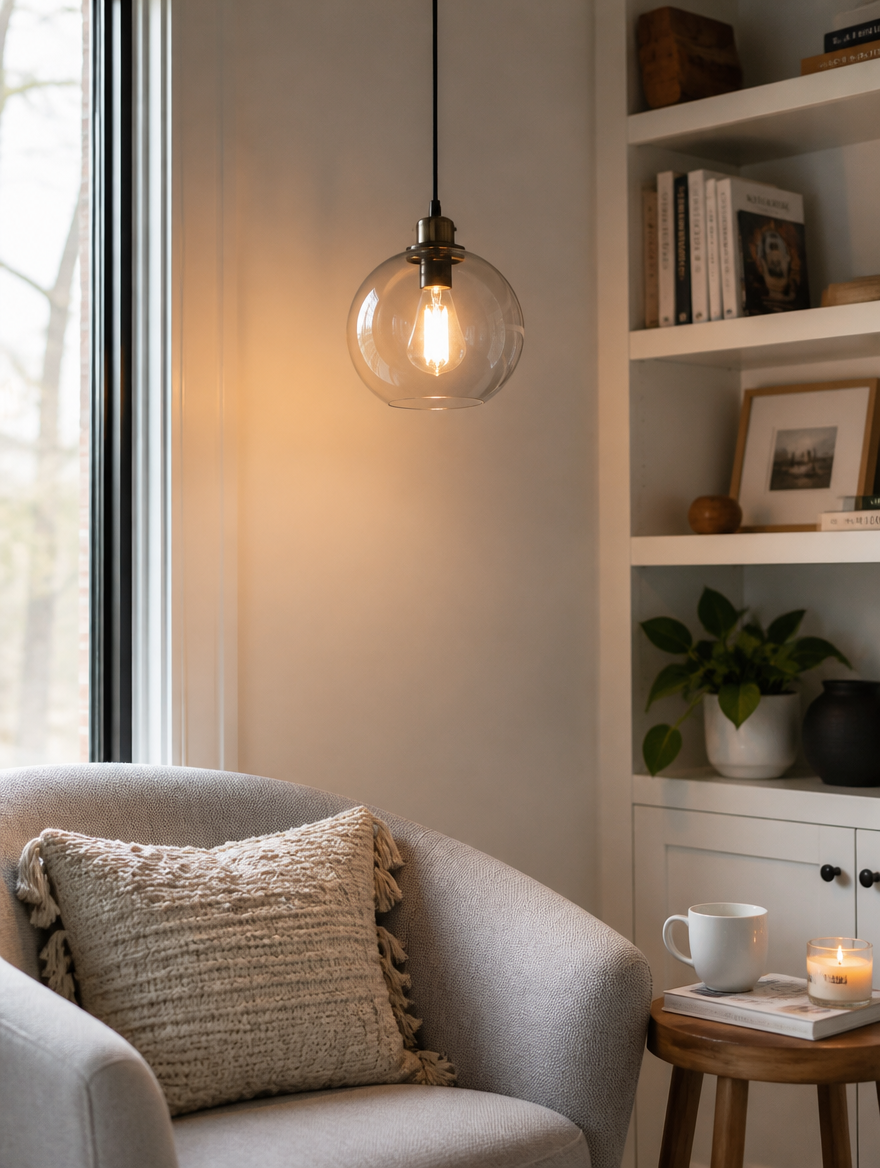LuxeGlow Glass LED Pendant Light in reading nook