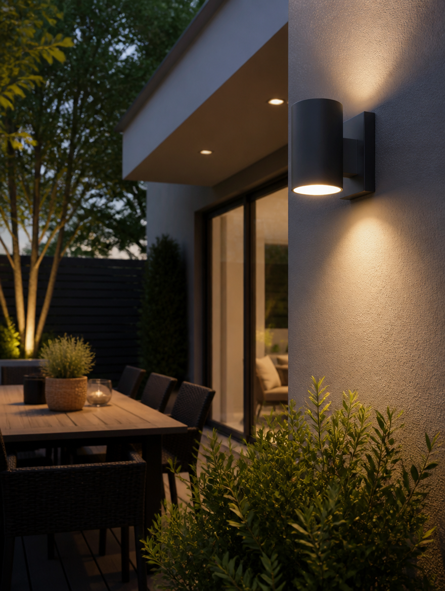 NoirGard Dimmable Outdoor LED Sconce on patio wall