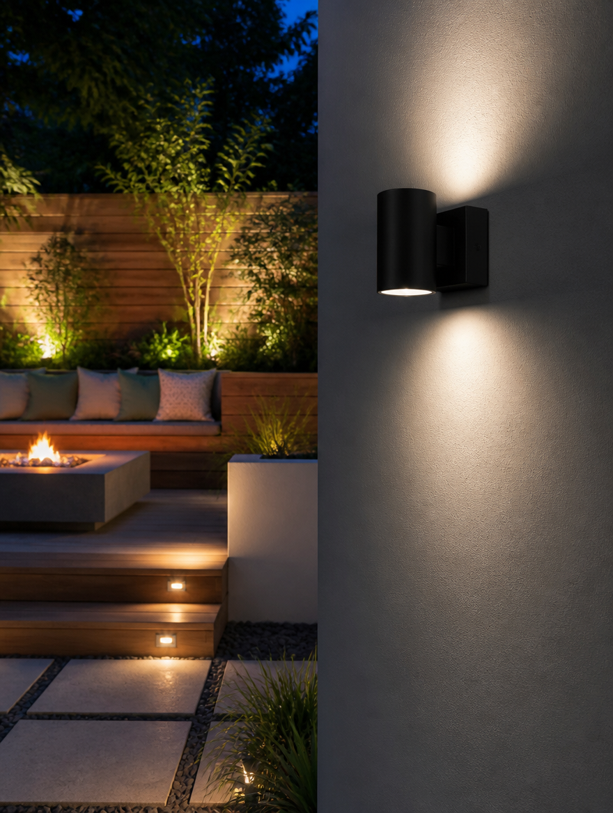 NoirGard Dimmable Outdoor LED Sconce on backyard deck
