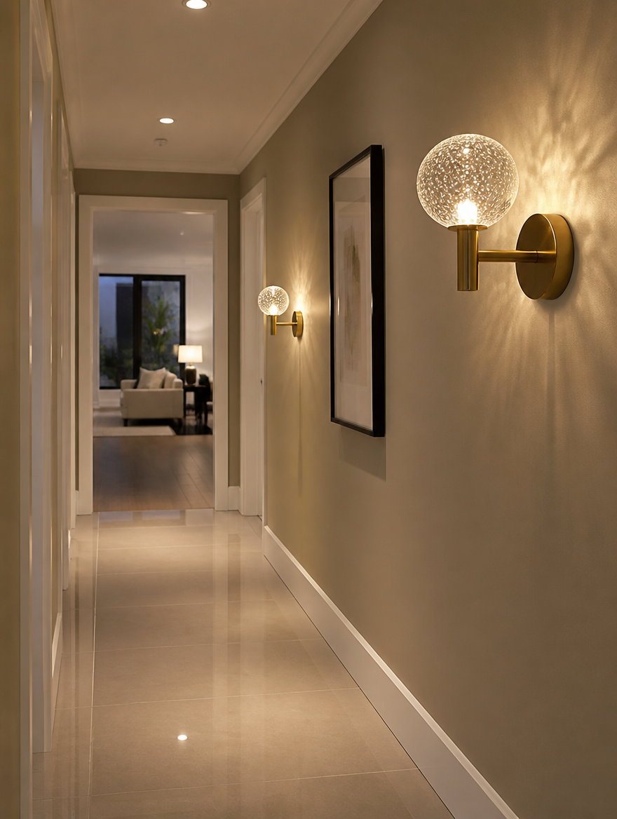 CrystalOrb LED Meteor Wall Lamp in sleek hallway