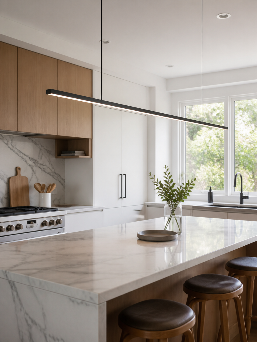 StreamLine LED Chandelier above kitchen island