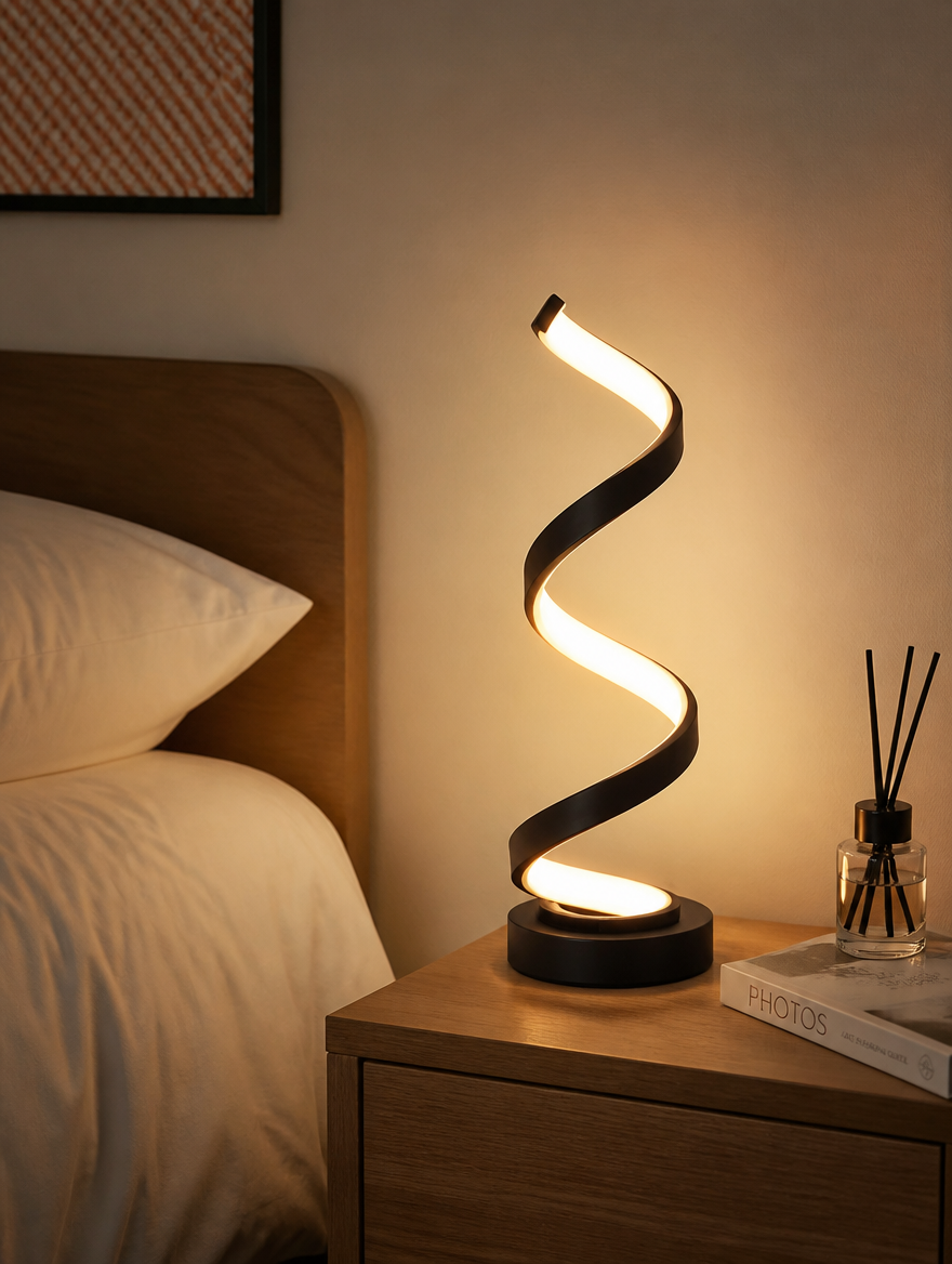 HelixGlow LED Table Lamp on nightstand