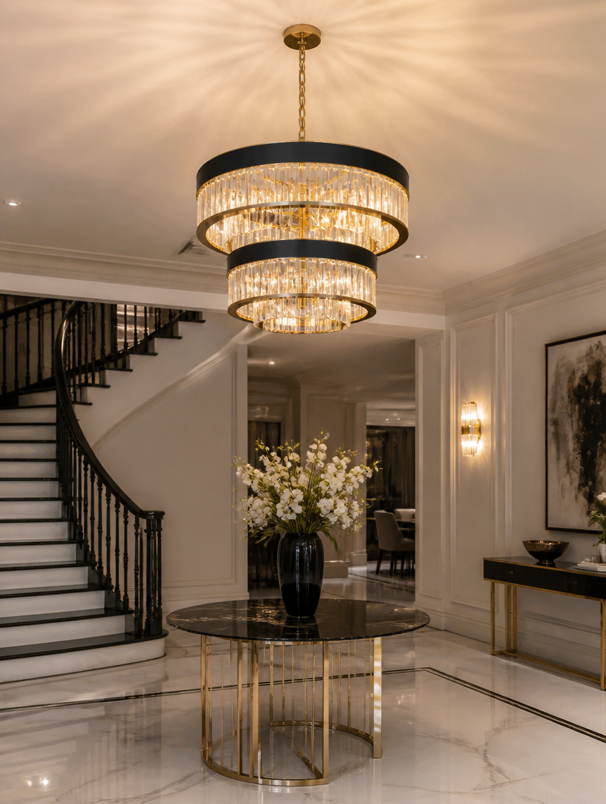 LuxeCrystal 3-Tier Gold Chandelier in elegant dining room