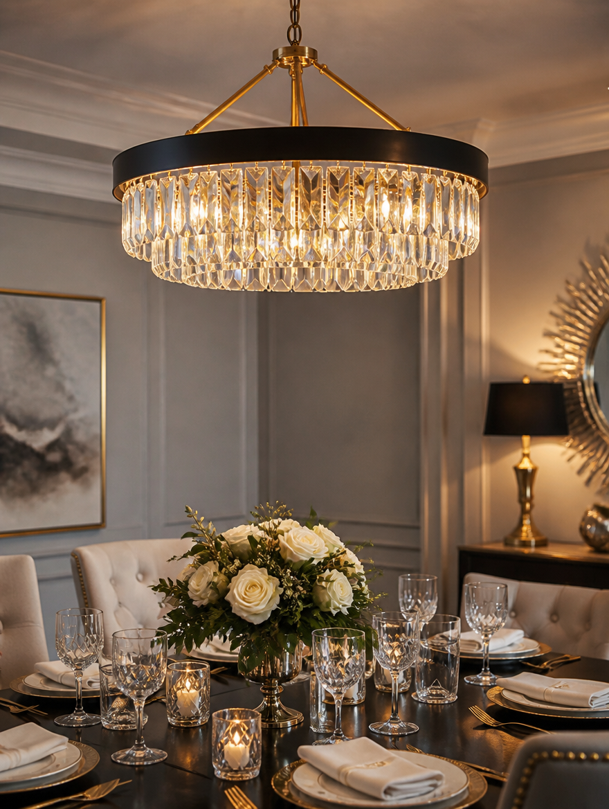 LuxeCrystal 3-Tier Gold Chandelier in luxury foyer