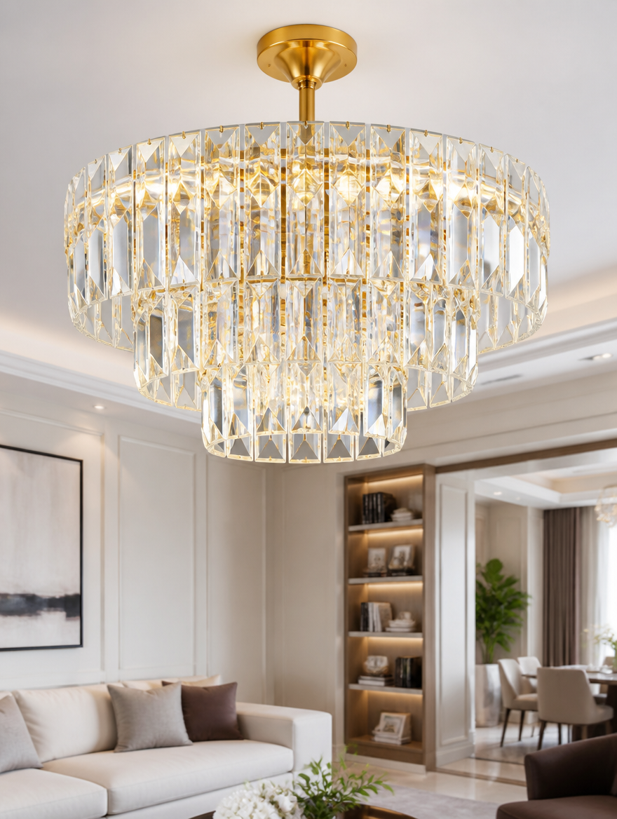 LuxeCrystal 3-Tier Gold Chandelier close-up detail