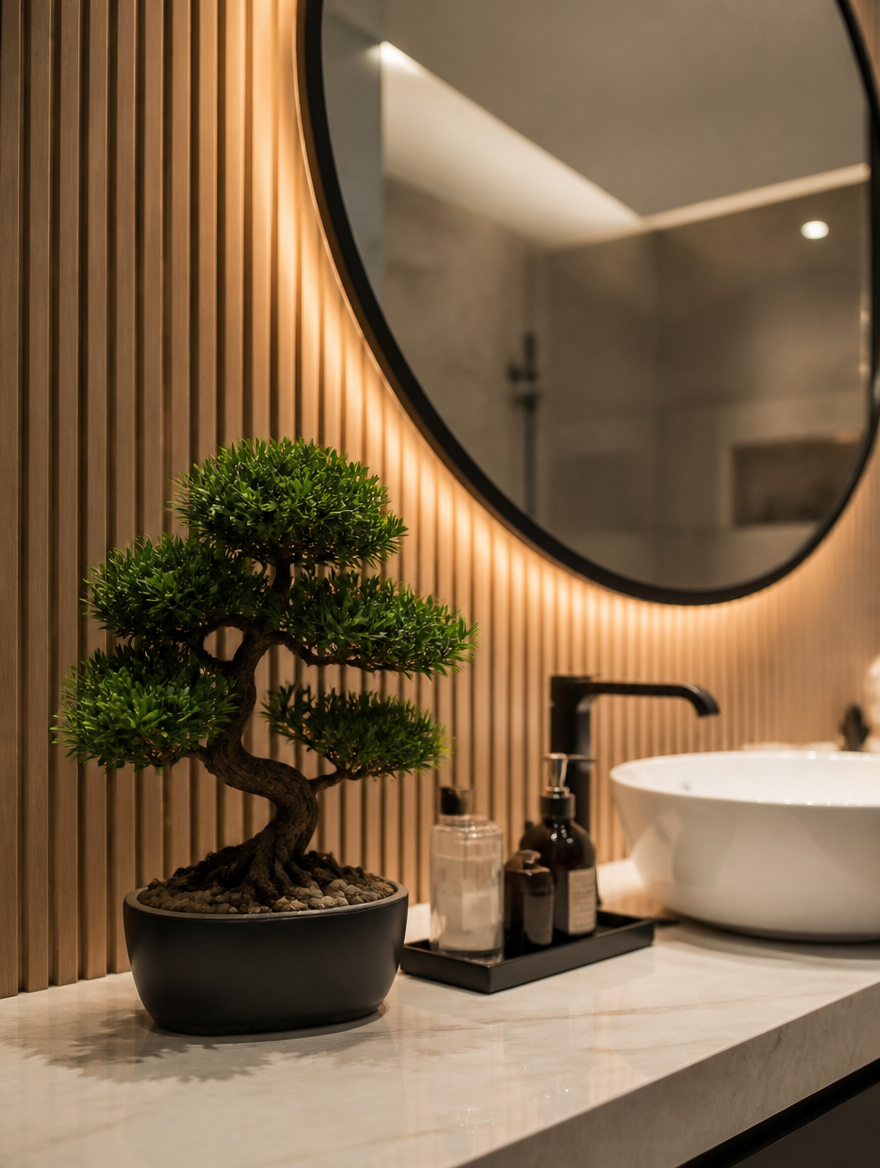 BloomCraft Potted Faux Bonsai on bathroom vanity