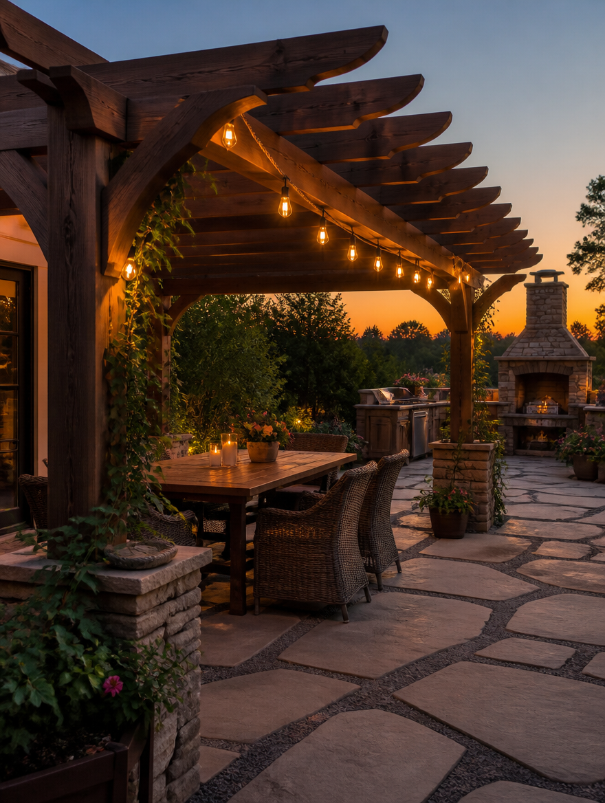 RusticGlow Hemp Rope Edison Lights on garden pergola
