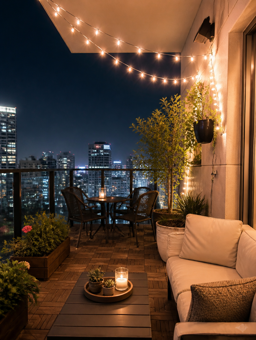 SolarGlow Crystal Fairy Lights on modern balcony at night