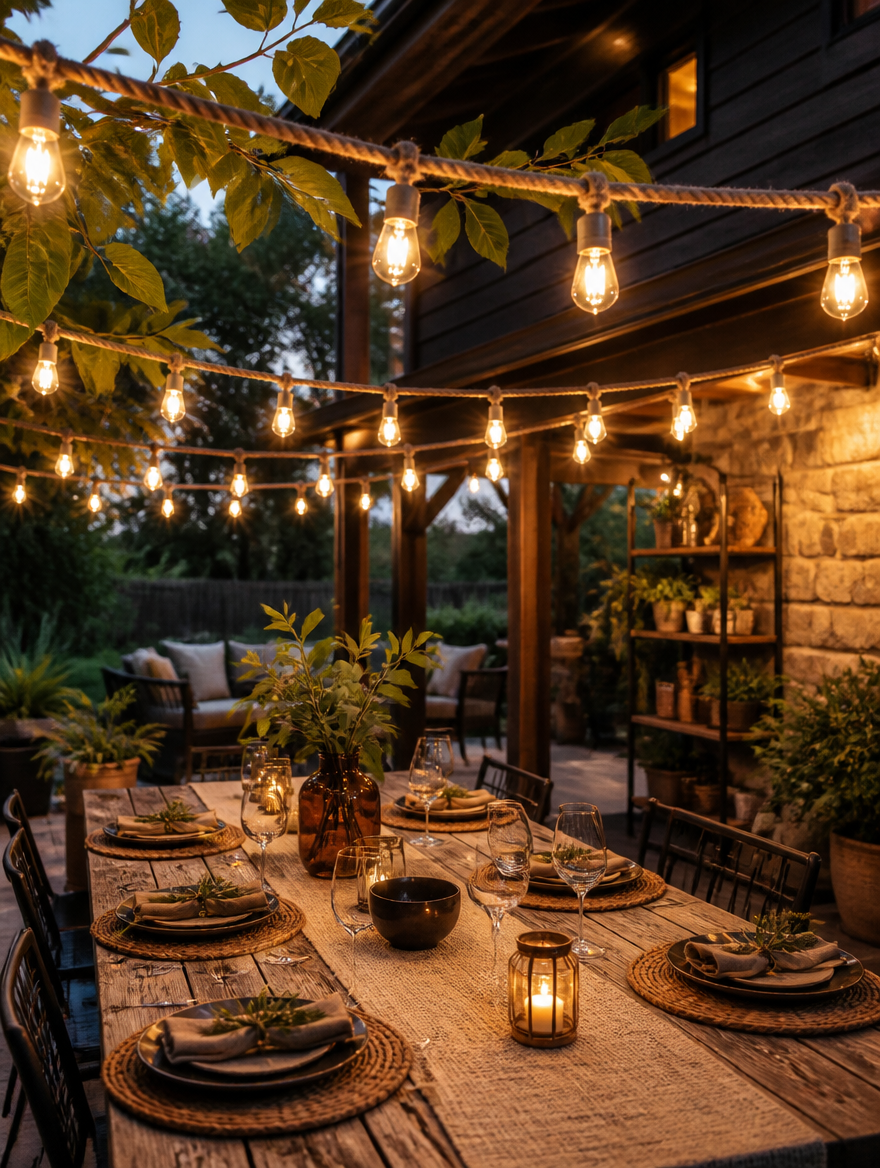 RusticGlow Hemp Rope Edison Lights on outdoor patio