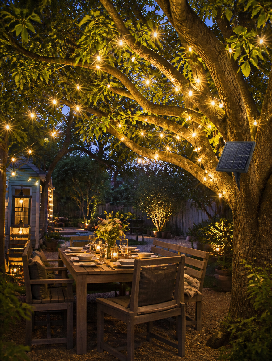SolarGlow Crystal Fairy Lights in garden at twilight