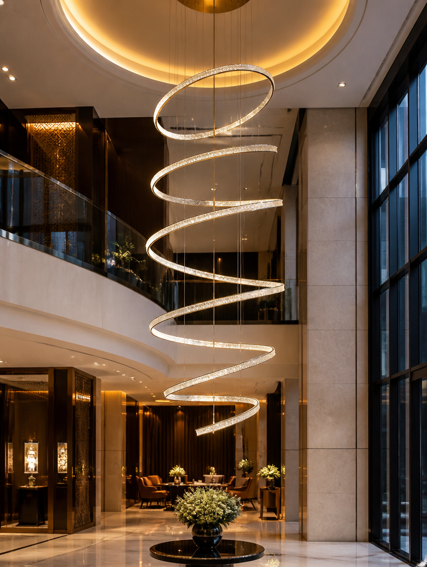 CascadeGlow Multi-Head LED Chandelier in luxury hotel lobby