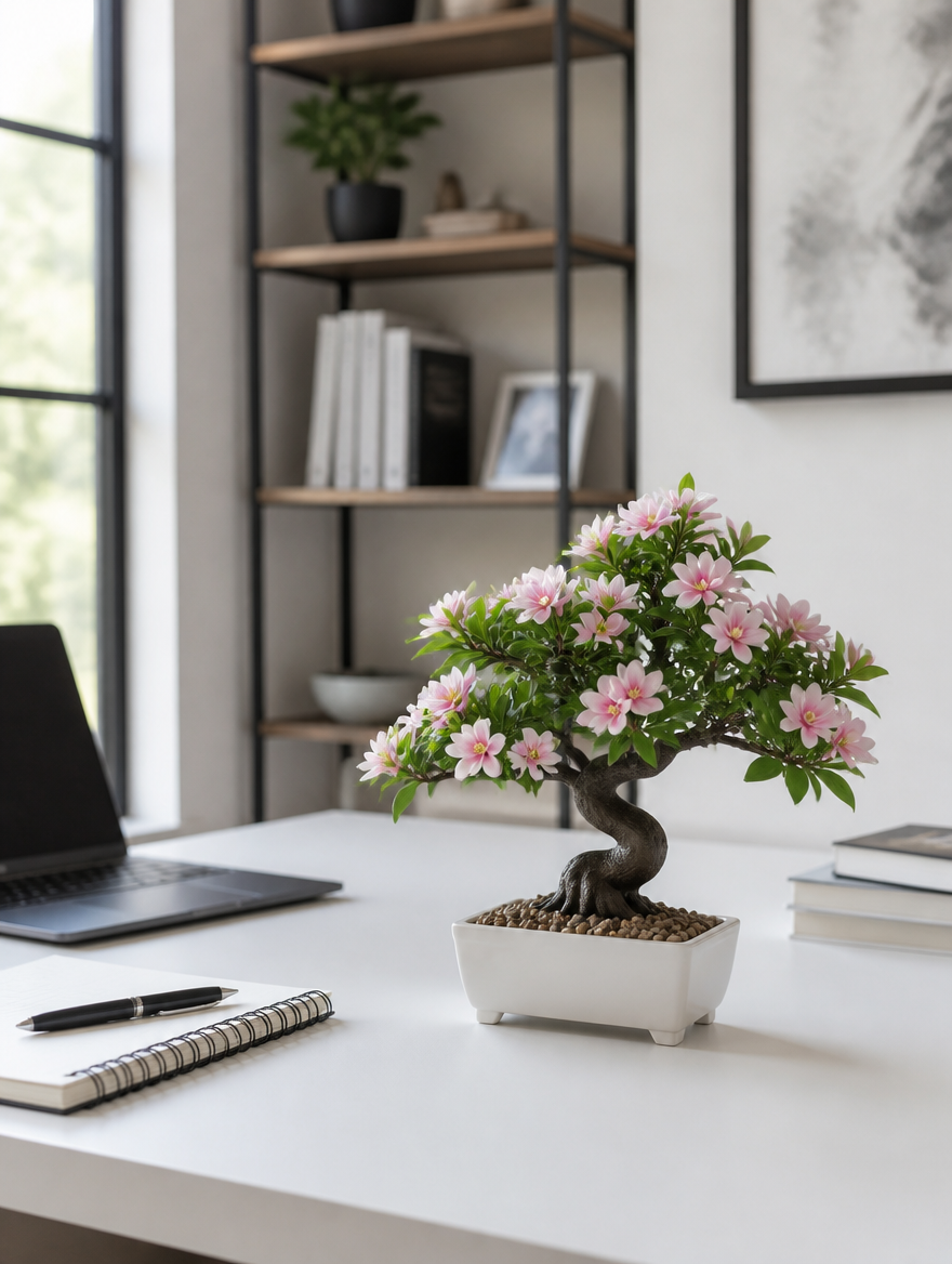 BloomCraft Potted Faux Bonsai on minimalist desk