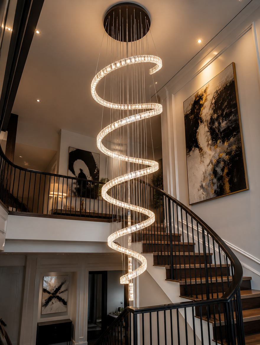 CascadeGlow Multi-Head LED Chandelier above grand staircase