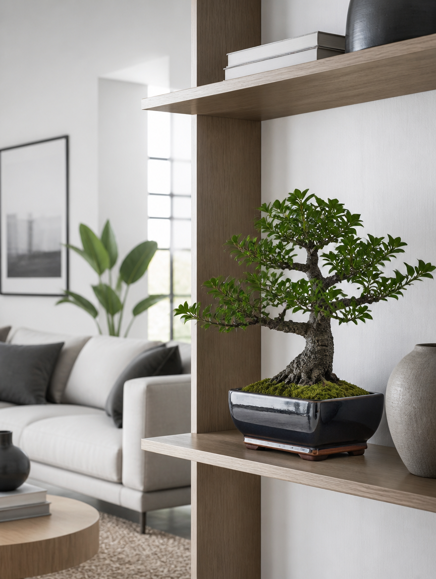 BloomCraft Potted Faux Bonsai on modern wooden shelf